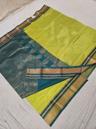 Parrot Green Soft Silk Saree with Gadwal Peacock Buta and Contrast Peacock Teal Zari Pallu