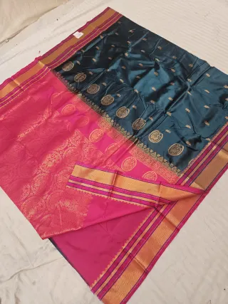 Peacock Teal Soft Silk Saree with Gadwal Peacock Buta and Contrast Rani Pink Zari Pallu