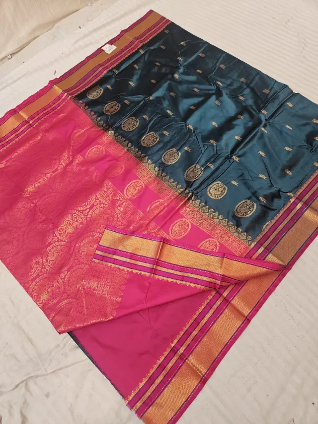 Peacock Teal Soft Silk Saree with Gadwal Peacock Buta and Contrast Rani Pink Zari Pallu