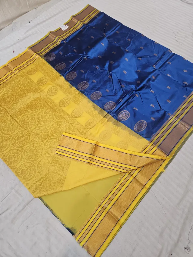 Royal Blue Soft Silk Saree with Gadwal Peacock Buta and Contrast Yellow Zari Pallu