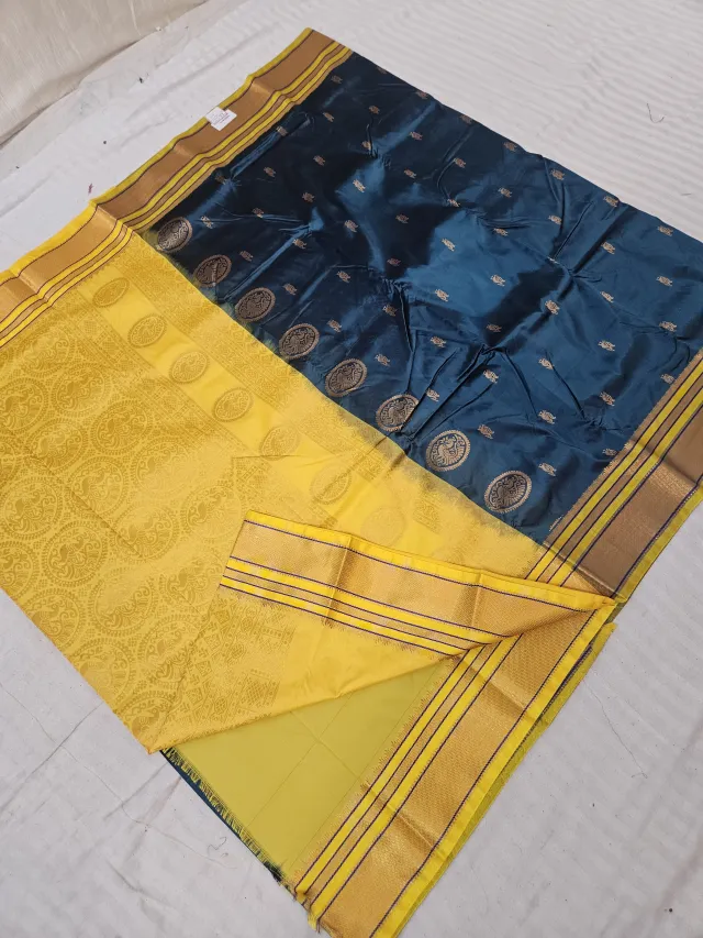 Peacock Teal Soft Silk Saree with Gadwal Peacock Buta and Contrast Yellow Zari Pallu