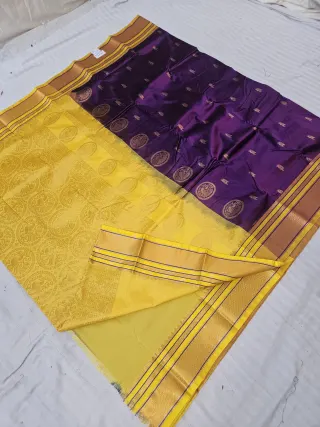 Royal Purple Soft Silk Saree with Gadwal Peacock Buta and Contrast Yellow Zari Pallu