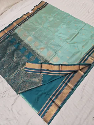 Sea Green Soft Silk Saree with Gadwal Peacock Buta and Contrast Peacock Teal Zari Pallu