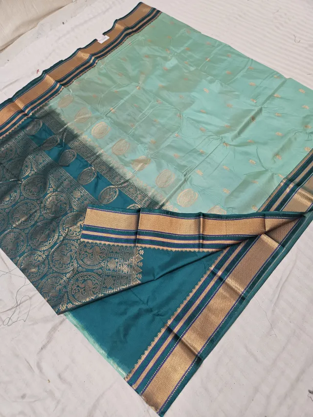 Sea Green Soft Silk Saree with Gadwal Peacock Buta and Contrast Peacock Teal Zari Pallu