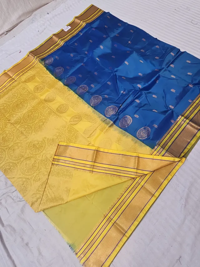 Peacock Blue Soft Silk Saree with Gadwal Peacock Buta and Contrast Yellow Zari Pallu