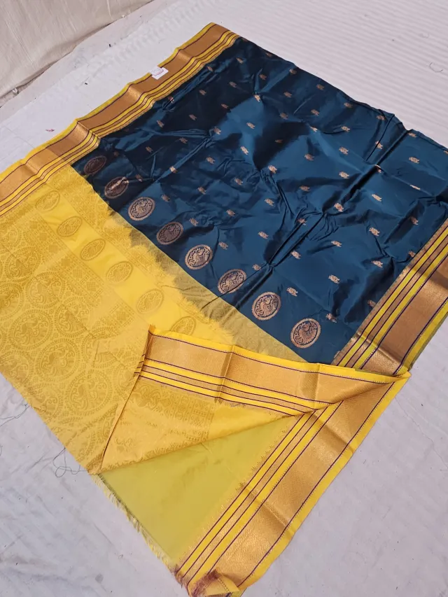 Peacock Teal Soft Silk Saree with Gadwal Peacock Buta and Contrast Yellow Zari Pallu