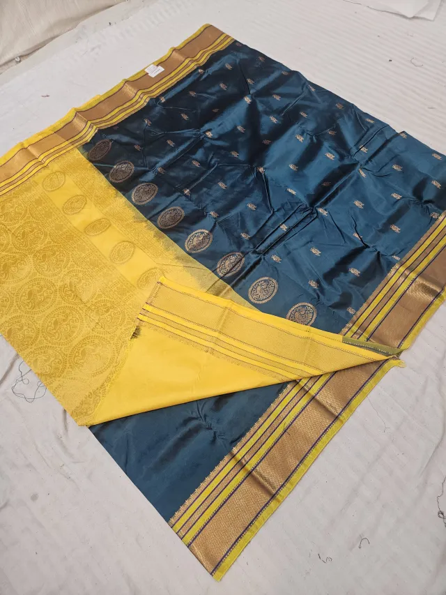 Peacock Teal Soft Silk Saree with Gadwal Peacock Buta and Contrast Yellow Zari Pallu