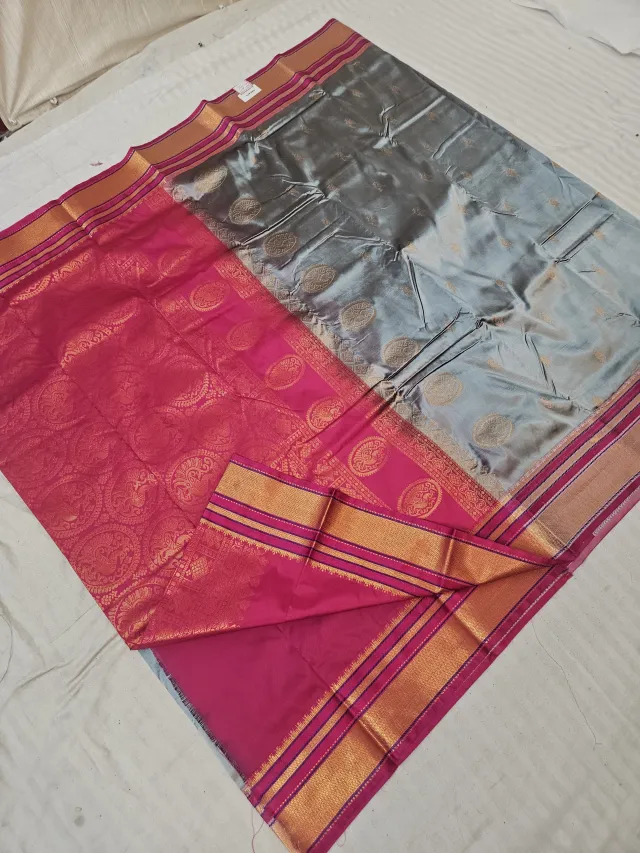 Steel Grey Soft Silk Saree with Gadwal Peacock Buta and Contrast Rani Pink Zari Pallu