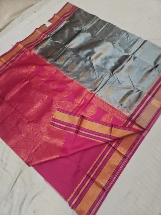 Steel Grey Soft Silk Saree with Gadwal Peacock Buta and Contrast Rani Pink Zari Pallu