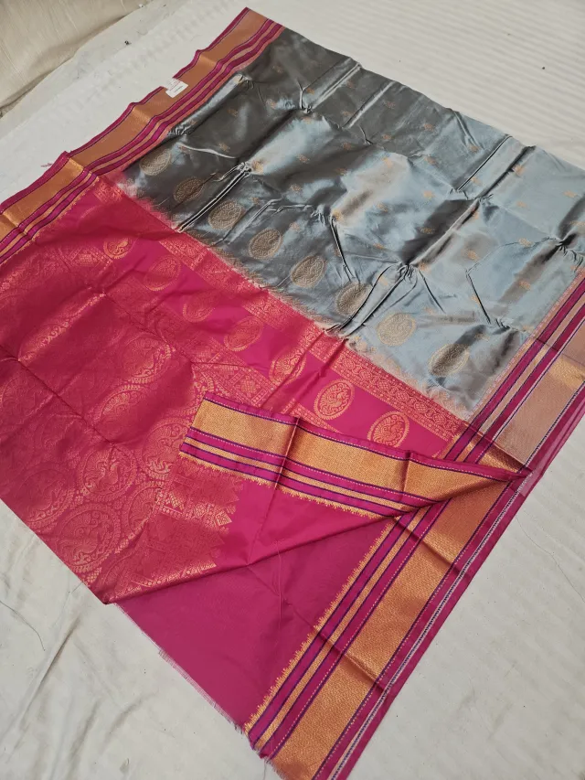 Steel Grey Soft Silk Saree with Gadwal Peacock Buta and Contrast Rani Pink Zari Pallu