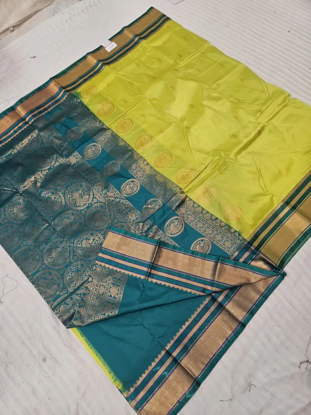 Parrot Green Soft Silk Saree with Gadwal Peacock Buta and Contrast Peacock Teal Zari Pallu