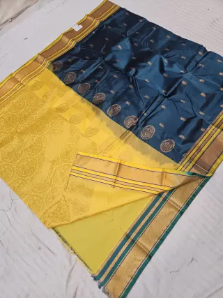 Peacock Teal Soft Silk Saree with Gadwal Peacock Buta and Contrast Yellow Zari Pallu