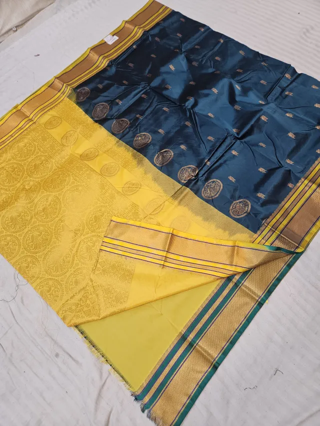 Peacock Teal Soft Silk Saree with Gadwal Peacock Buta and Contrast Yellow Zari Pallu