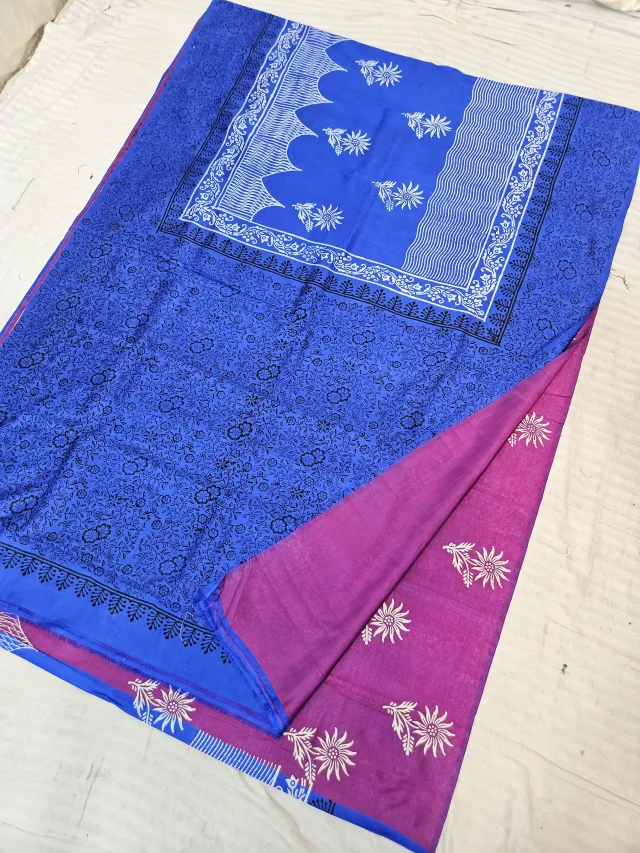 Royal Blue and Rani Pink Pure Bishnupur Katan Silk Hand Block Printed Floral Jaal and Scallop Pallu Saree
