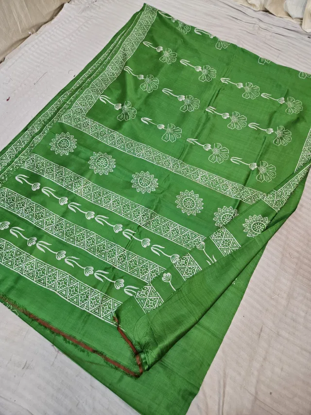 Parrot Green Pure Bishnupur Katan Silk Hand Block Printed Floral Chakra and Sprig Saree