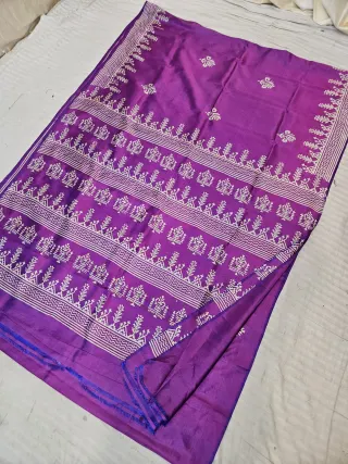 Purple Dual Tone Pure Bishnupur Katan Silk Hand Block Printed Tree of Life Pallu Saree