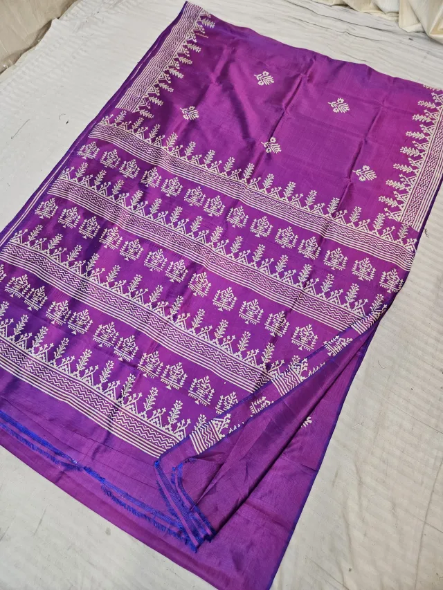 Purple Dual Tone Pure Bishnupur Katan Silk Hand Block Printed Tree of Life Pallu Saree
