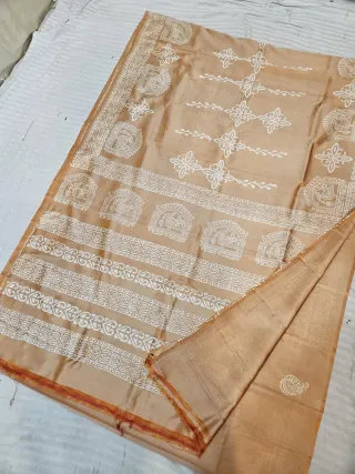Beige Dual Tone Pure Bishnupur Katan Silk Hand Block Printed Arched Peacock and Floral Pallu Saree