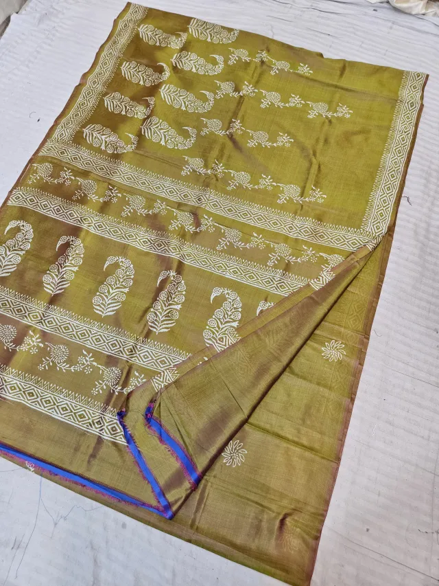 Olive Green Pure Bishnupur Katan Silk Hand Block Printed Paisley Kalka and Diamond Jaal Pallu Saree