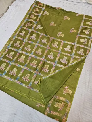 Olive Green Pure Bishnupur Katan Silk Hand Block Printed Paisley Kalka and Diamond Jaal Pallu Saree