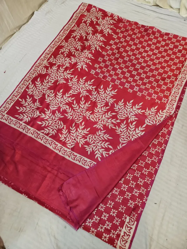 Maroon Pure Bishnupur Katan Silk Hand Block Printed Botanical Foliage Tree Pallu Saree