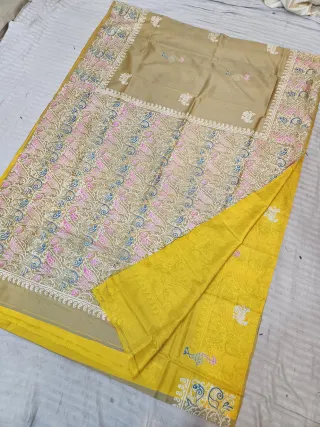 Mustard Yellow and Beige Pure Bishnupur Katan Silk Hand Block Printed Peacock Jaal Saree