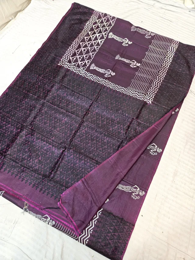 Wine Purple Pure Bishnupur Katan Silk Hand Block Printed Maiden Art and Geometric Chevron Pallu Saree