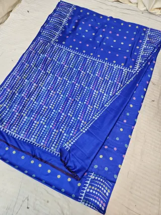 Royal Blue Pure Bishnupur Katan Silk Hand Block Printed Beaded Dot Strings Pallu Saree