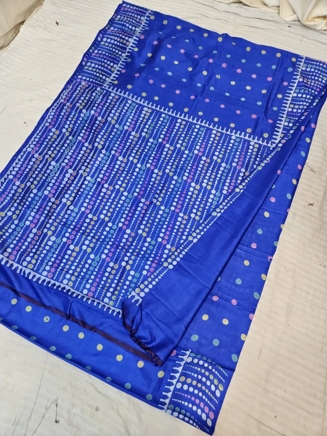 Royal Blue Pure Bishnupur Katan Silk Hand Block Printed Beaded Dot Strings Pallu Saree