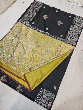 Black and Mustard Yellow Pure Bishnupur Katan Silk Hand Block Printed Peacock Jaal Saree