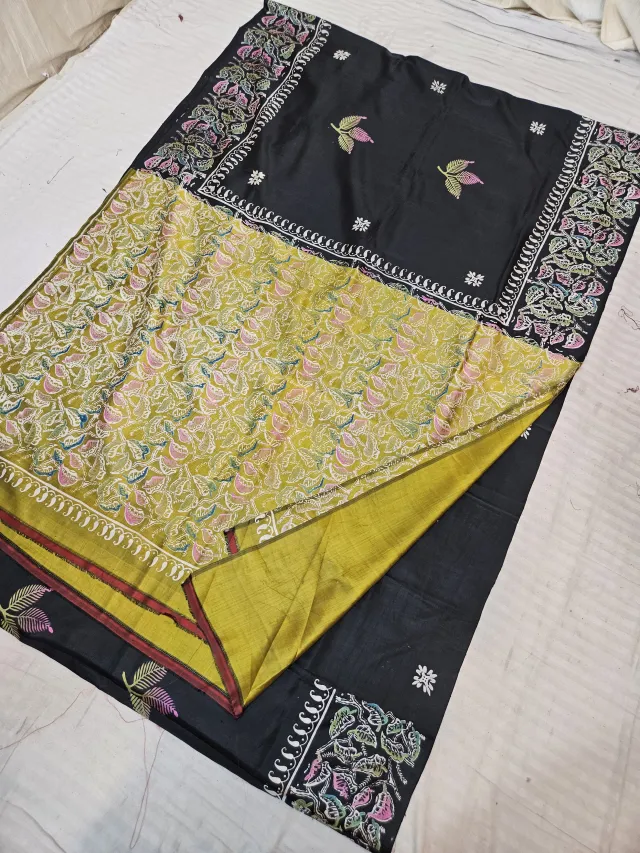 Black and Mustard Yellow Pure Bishnupur Katan Silk Hand Block Printed Peacock Jaal Saree