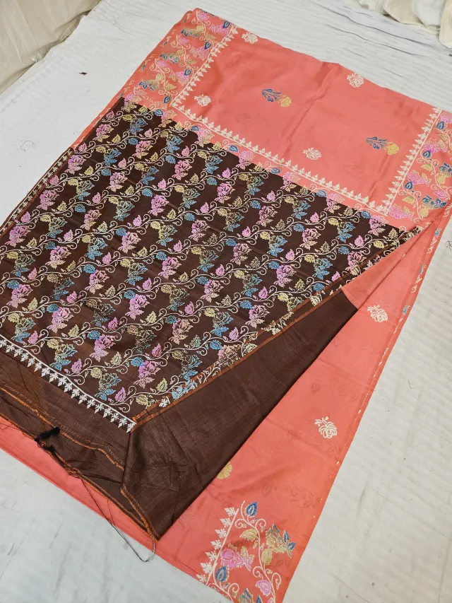 Peach and Chocolate Brown Pure Bishnupur Katan Silk Hand Block Printed Floral Jaal Saree