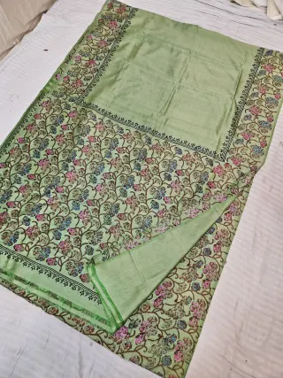 Pista Green Pure Bishnupur Katan Silk Hand Block Printed Floral Jaal and Minimalist Pallu Saree