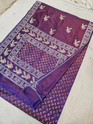 Purple Dual Tone Pure Bishnupur Katan Silk Hand Block Printed Folk Bird and Floral Pallu Saree