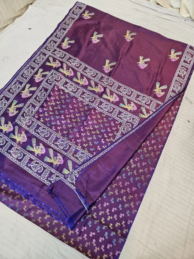 Purple Dual Tone Pure Bishnupur Katan Silk Hand Block Printed Folk Bird and Floral Pallu Saree