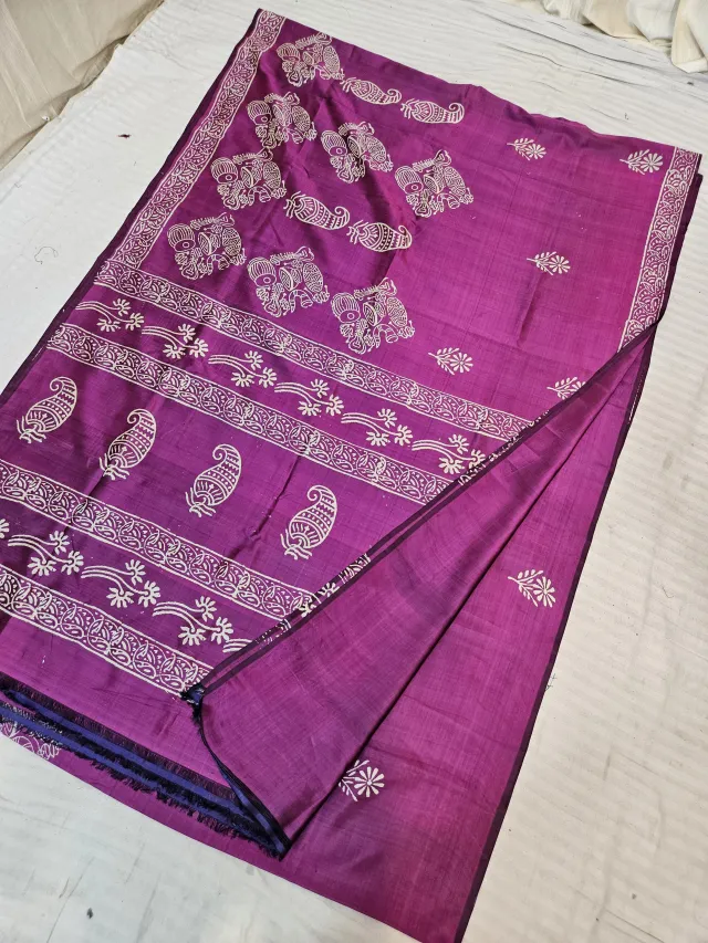 Rani Pink Dual Tone Pure Bishnupur Katan Silk Hand Block Printed Royal Elephant and Kalka Pallu Saree