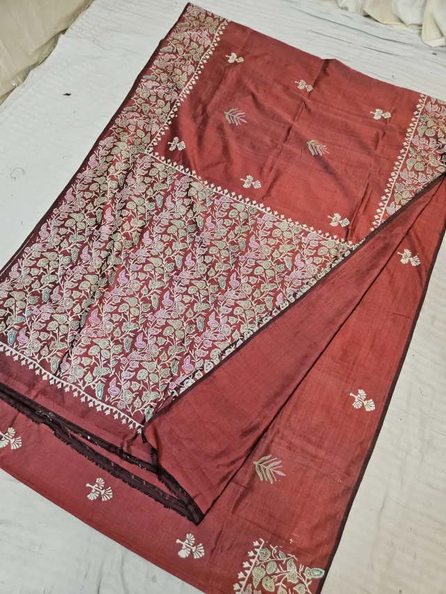 Chocolate Brown Pure Bishnupur Katan Silk Hand Block Printed Peacock Foliage Jaal Pallu Saree