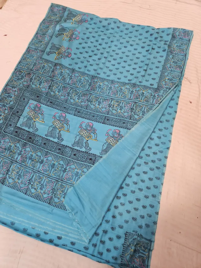 Sky Blue Pure Bishnupur Katan Silk Hand Block Printed Folk Drummer and Paisley Buti Saree