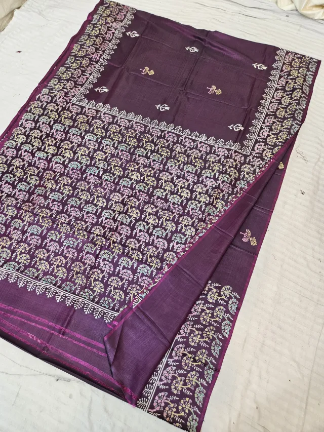 Magenta Pure Bishnupur Katan Silk Hand Block Printed Floral Tree Jaal and Chevron Border Saree