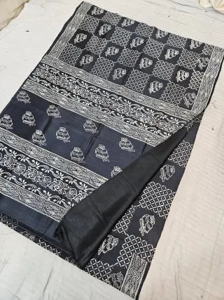 Black Pure Bishnupur Katan Silk Hand Block Printed Folk Owl and Diamond Lattice Pallu Saree