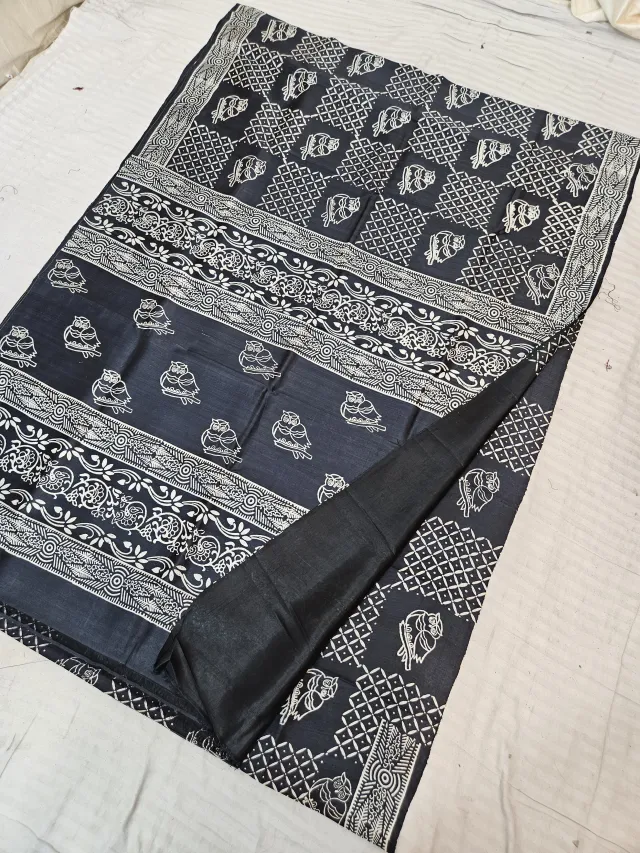 Black Pure Bishnupur Katan Silk Hand Block Printed Folk Owl and Diamond Lattice Pallu Saree