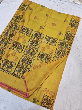 Mustard Yellow Pure Bishnupur Katan Silk Hand Block Printed Folk Dance and Kalka Pallu Saree