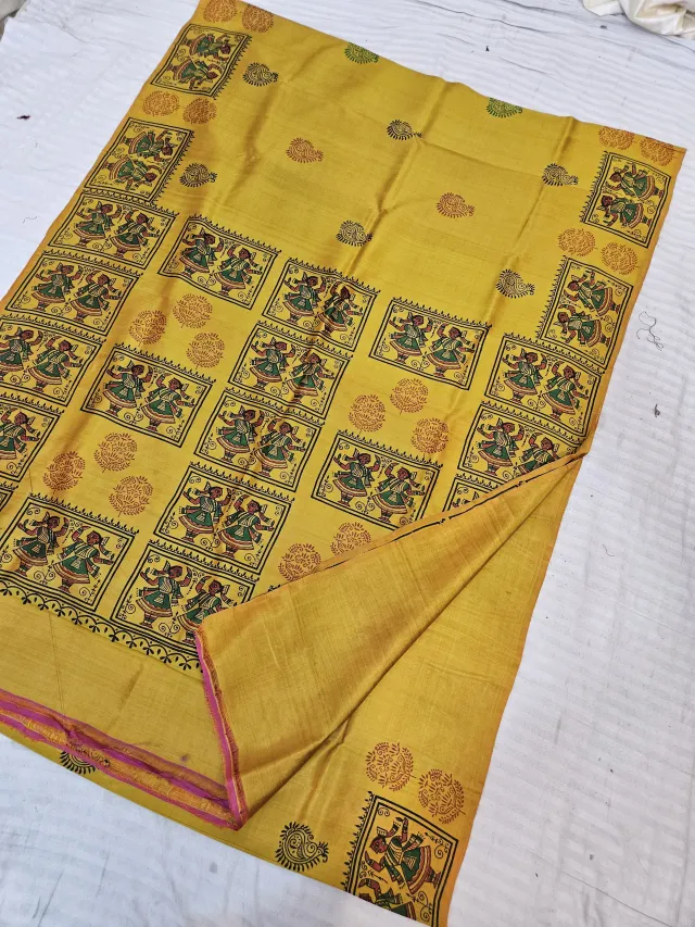 Mustard Yellow Pure Bishnupur Katan Silk Hand Block Printed Folk Dance and Kalka Pallu Saree