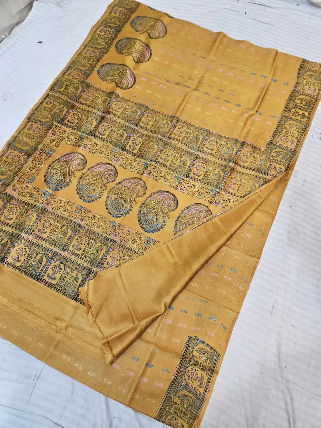Mustard Gold Pure Bishnupur Katan Silk Hand Block Printed Arched Shrine and Kalka Baluchari Motifs Pallu Saree