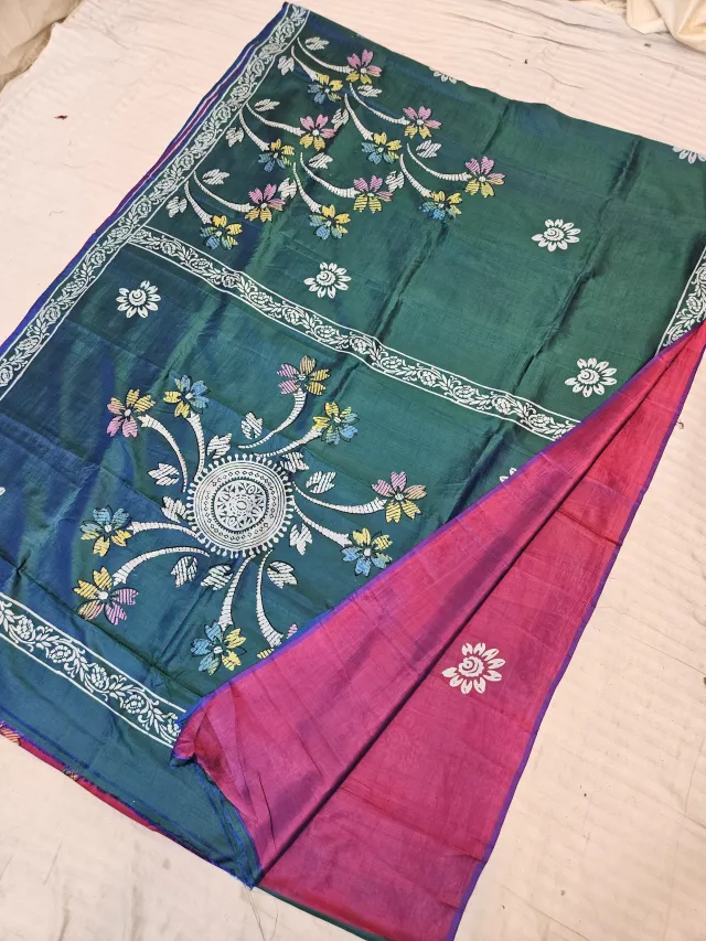 Peacock Blue and Rani Pink Pure Bishnupur Katan Silk Hand Block Printed Floral Mandala Pallu Saree