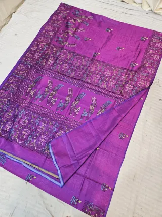Rani Pink Dual Tone Pure Bishnupur Katan Silk Hand Block Printed Bankura Horse and Folk Art Pallu Saree