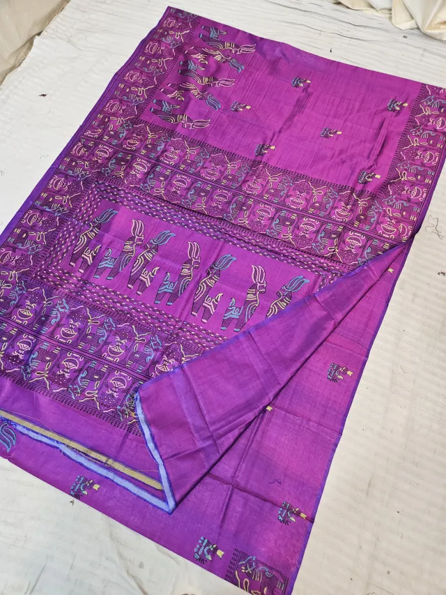 Rani Pink Dual Tone Pure Bishnupur Katan Silk Hand Block Printed Bankura Horse and Folk Art Pallu Saree