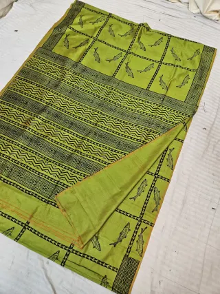 Lemon Green Pure Bishnupur Katan Silk Hand Block Printed Folk Fish and Chevron Waves Pallu Saree