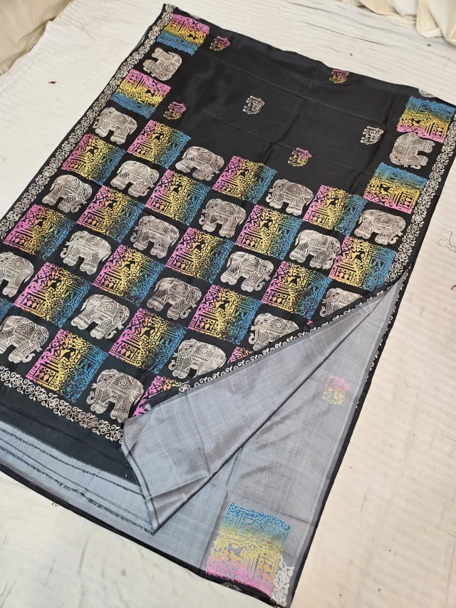 Black and Grey Pure Bishnupur Katan Silk Hand Block Printed Royal Elephant Grid Pallu Saree
