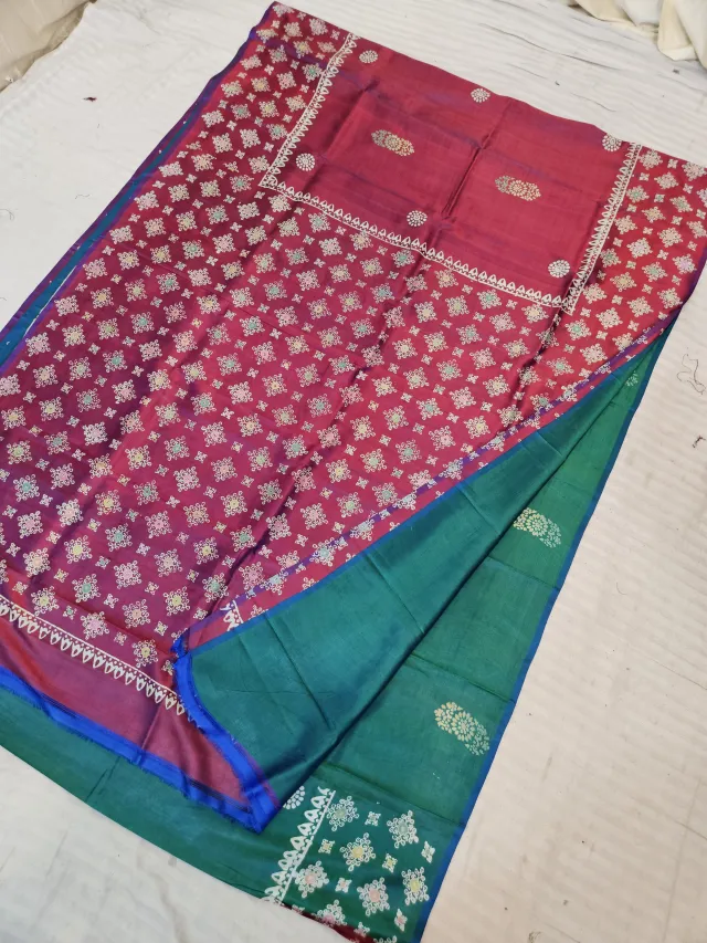 Crimson Red and Peacock Blue Pure Bishnupur Katan Silk Hand Block Printed Floral Rosette Jaal Saree